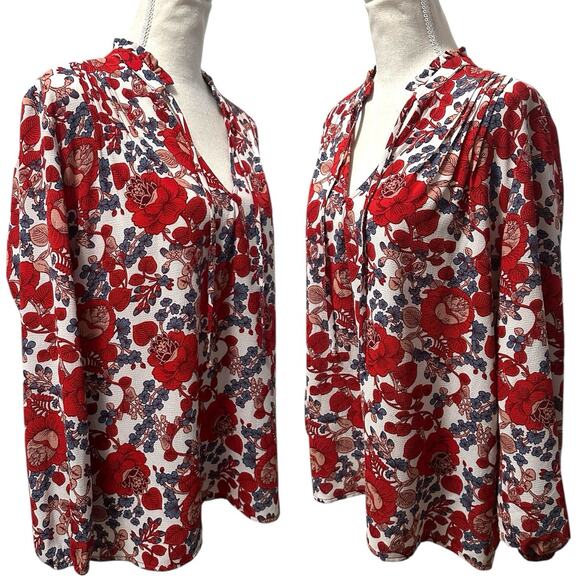 Caslon Red Floral Boho Blouse Size M Long Sleeve Split Neck Peasant Top Artsy - Picture 2 of 9